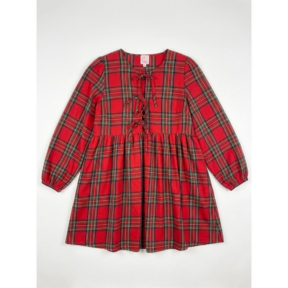 So Me Red Plaid Babydoll Dress Lace Up Front Long Sleeve Pockets SD7013-02 Large